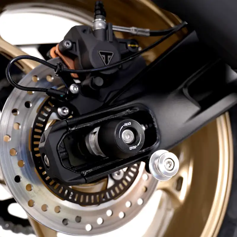 APEX Swingarm Protectors for the Triumph Street Triple 765 RX '26-, Street Triple 765 S '17-20, Street Triple 660 S '17-'22, Street Triple 765 R '17-, Street Triple 765 RS '17- and 5 more.